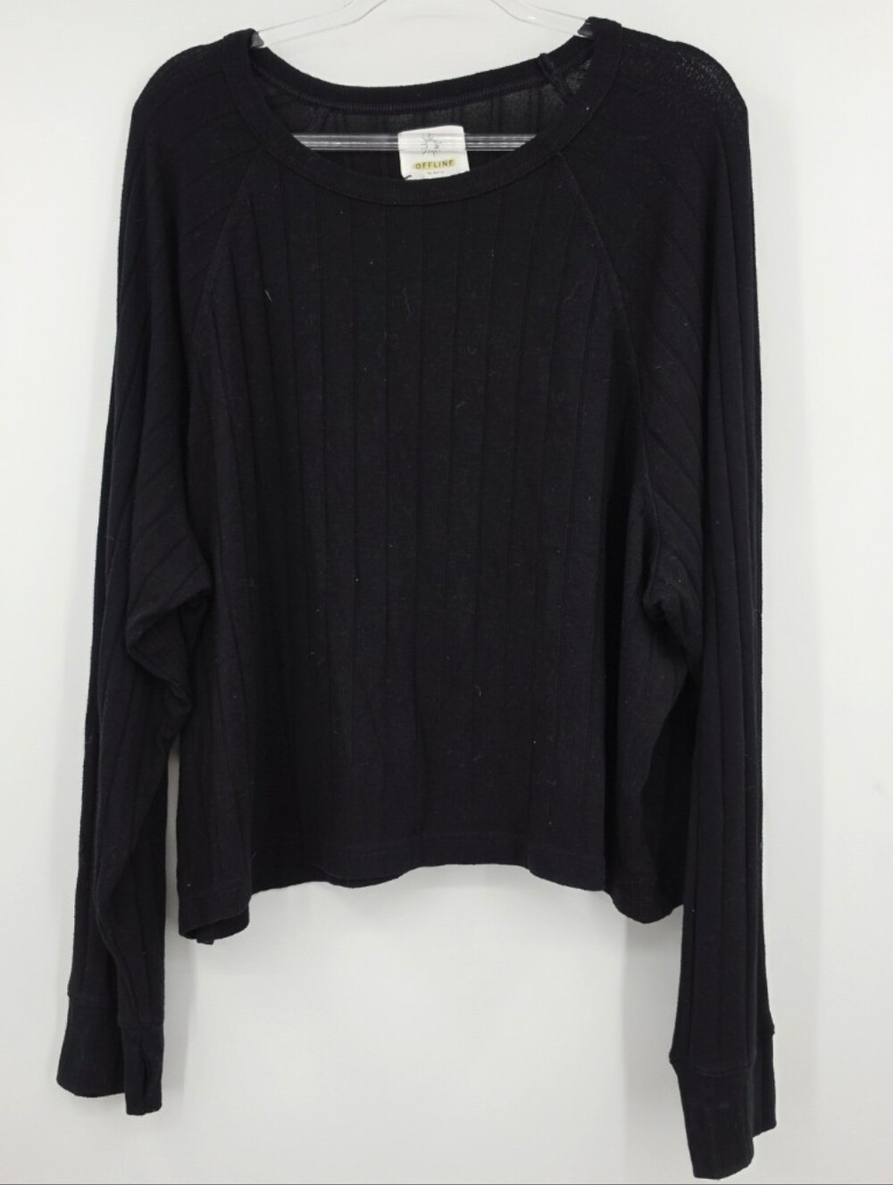 Offline By Aerie Long Sleeve Crop Top XXL Black Knit Veritical Ribbed